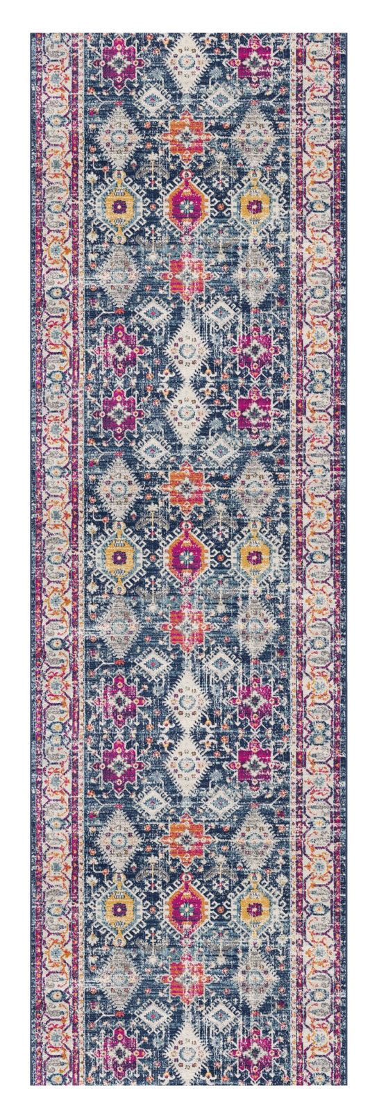 8' Runner Blue and Ivory Oriental Runner Rug