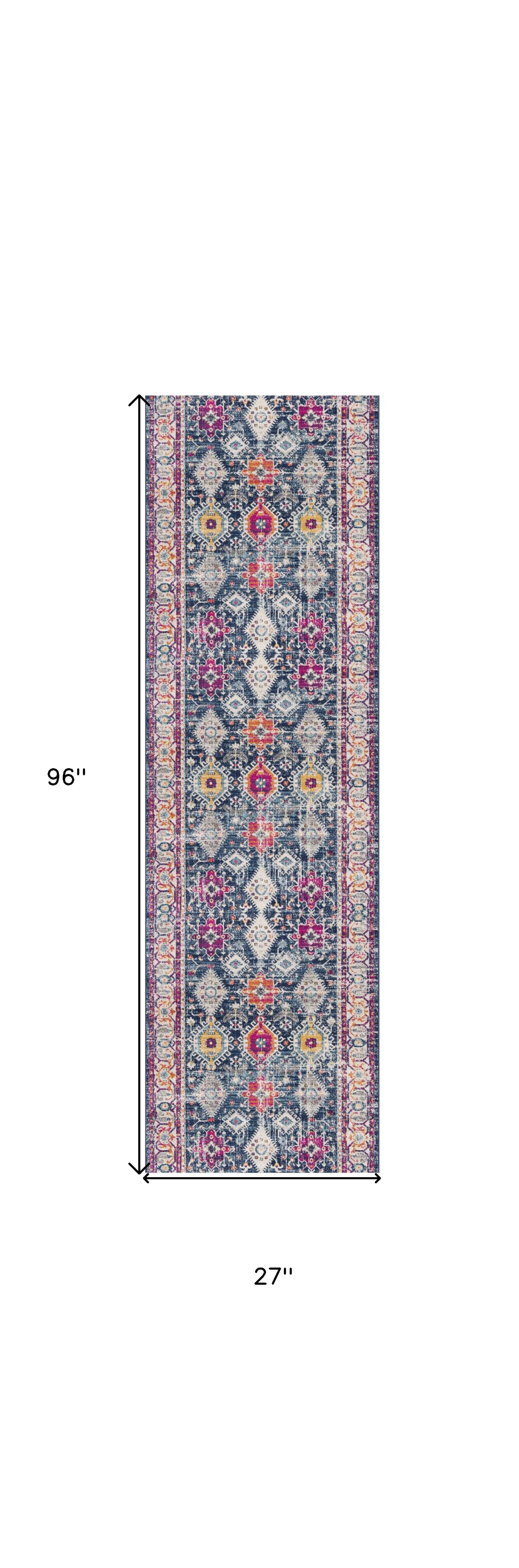 8' Runner Blue and Ivory Oriental Runner Rug