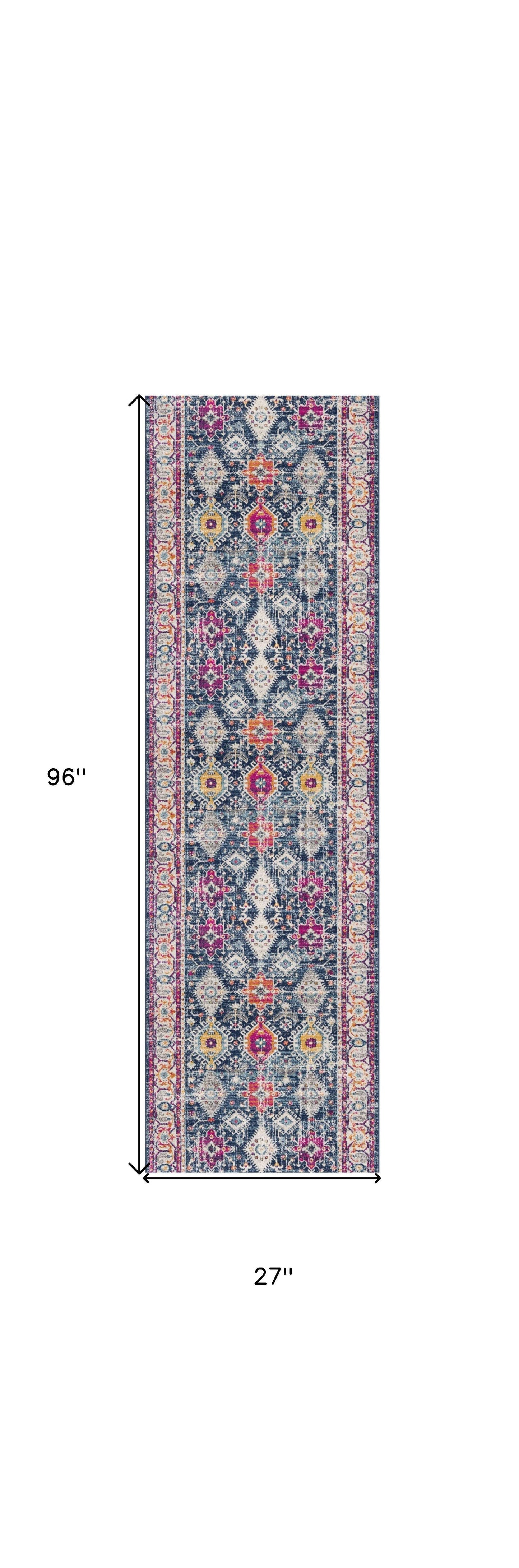 8' Runner Blue and Ivory Oriental Runner Rug - Homeroots - Flyclothing LLC