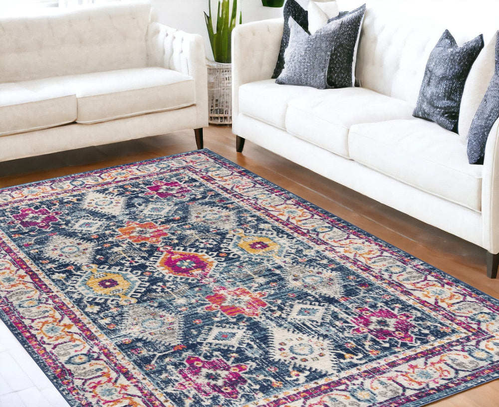 5' X 7' Blue and Ivory Oriental Area Rug - Homeroots