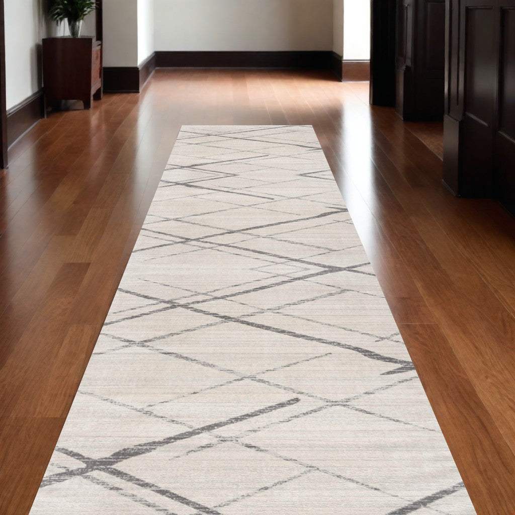 20' Runner Gray and Ivory Geometric Runner Rug - Homeroots - Flyclothing LLC