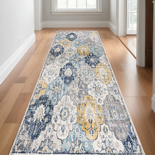 10' Runner Blue and Yellow Floral Runner Rug - Homeroots