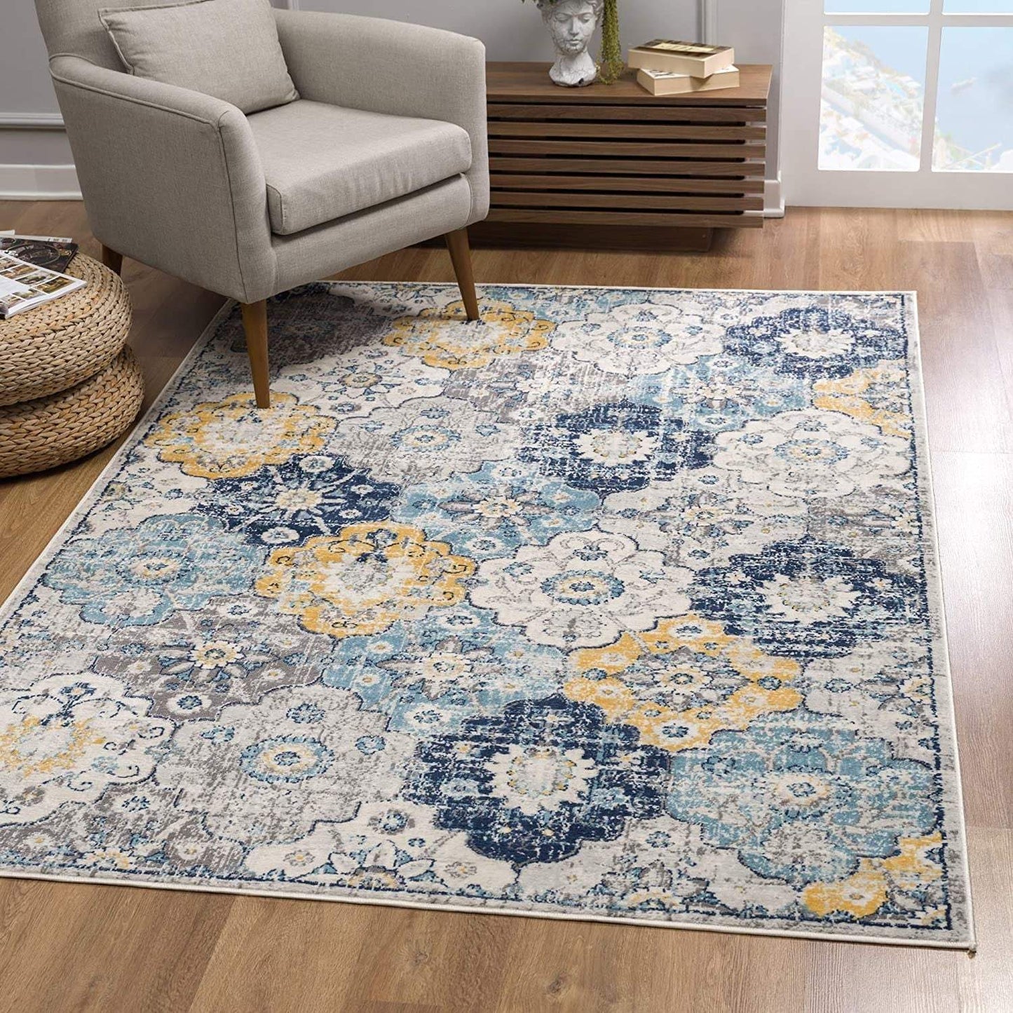 2' X 4' Blue and Yellow Floral Area Rug - Homeroots - Flyclothing LLC