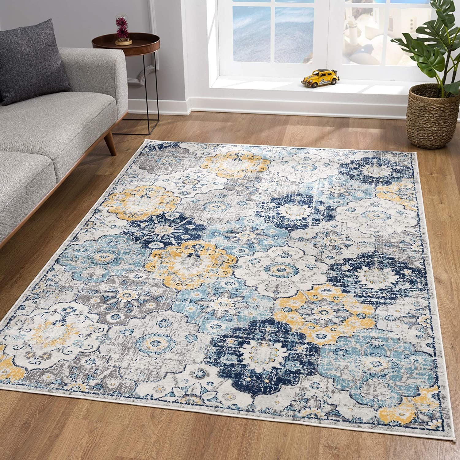2' X 5' Blue and Yellow Floral Area Rug