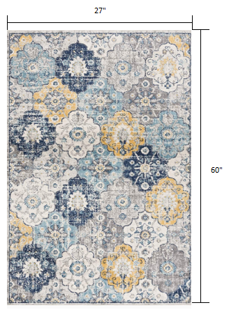 2' X 5' Blue and Yellow Floral Area Rug
