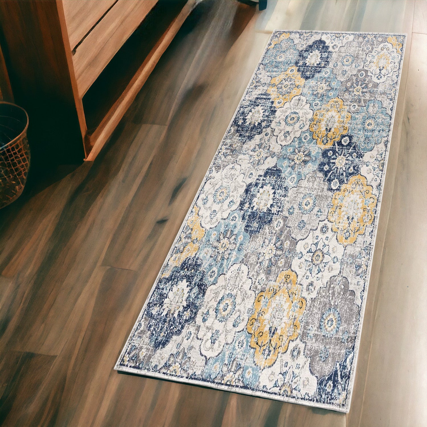 2' X 5' Blue and Yellow Floral Area Rug