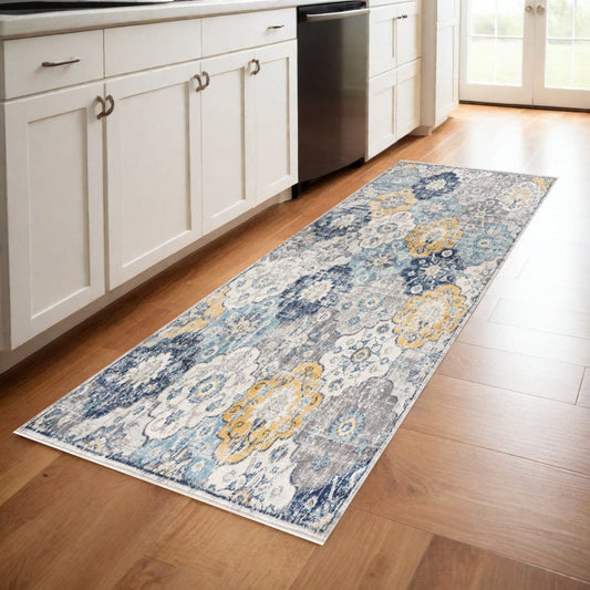8' Runner Blue and Yellow Floral Runner Rug