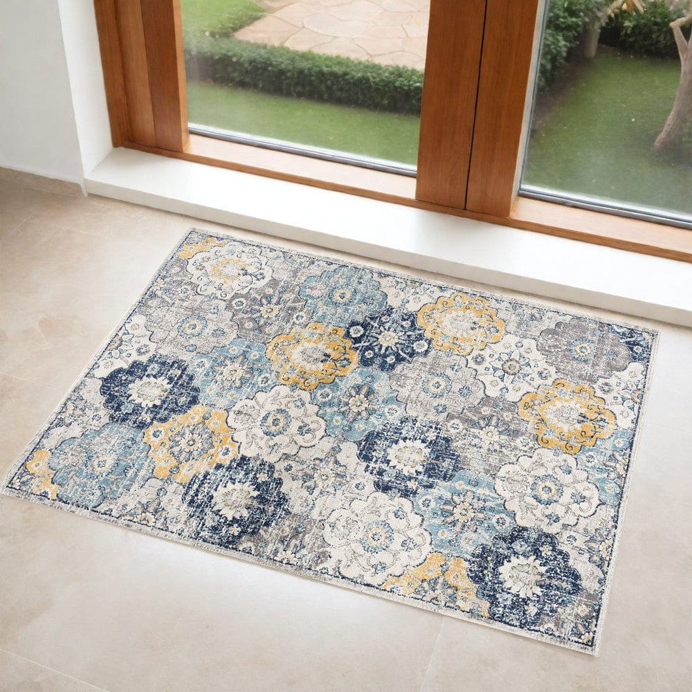 3' X 5' Blue and Yellow Floral Distressed Area Rug - Homeroots
