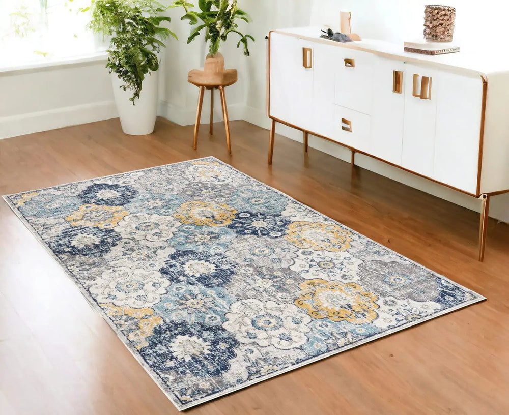 4' X 6' Blue and Yellow Floral Area Rug - Homeroots