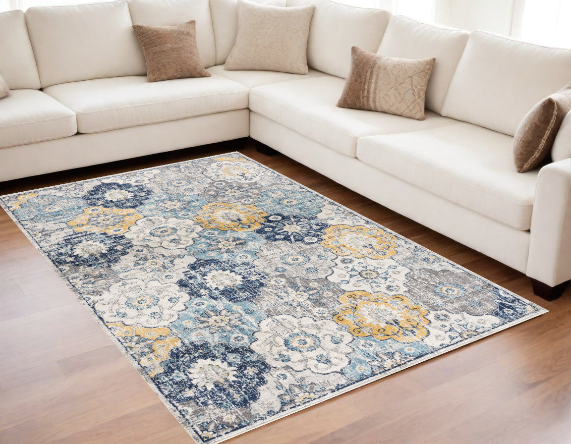 5' X 7' Blue and Yellow Floral Area Rug