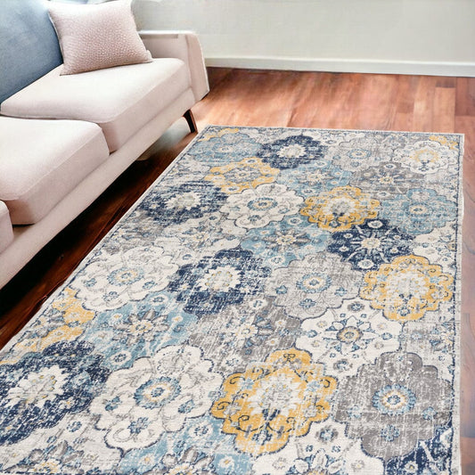 6' X 9' Blue and Yellow Floral Area Rug