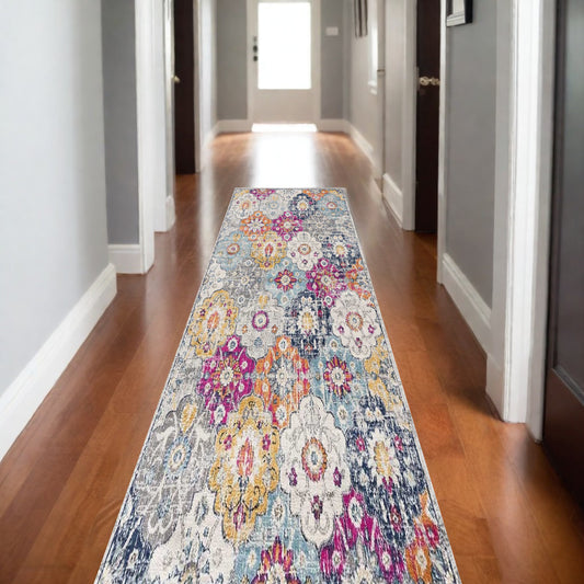 13' Runner Blue and Ivory Floral Runner Rug
