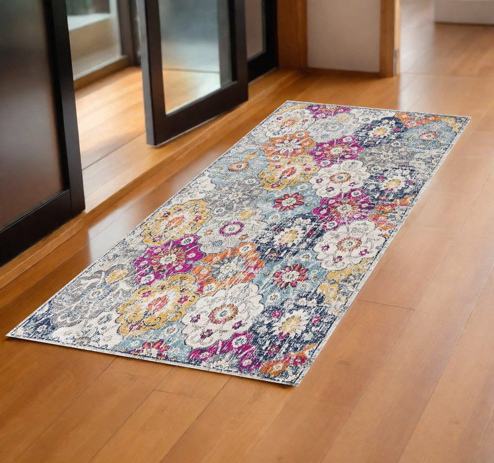 2' X 5' Blue and Ivory Floral Area Rug - Homeroots