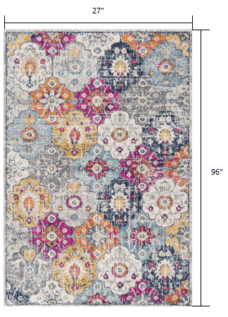 8' Runner Blue and Ivory Floral Runner Rug