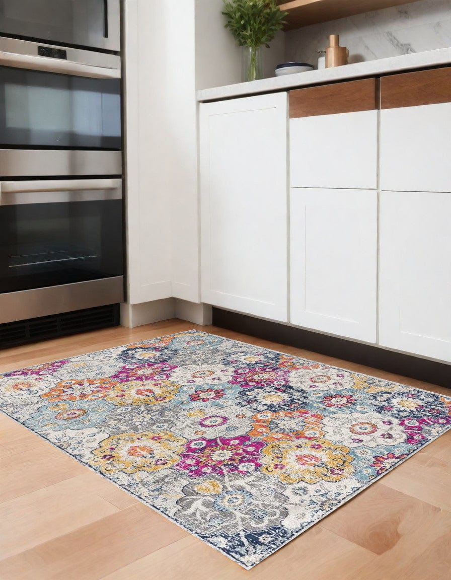 4' X 6' Blue and Ivory Floral Area Rug - Homeroots