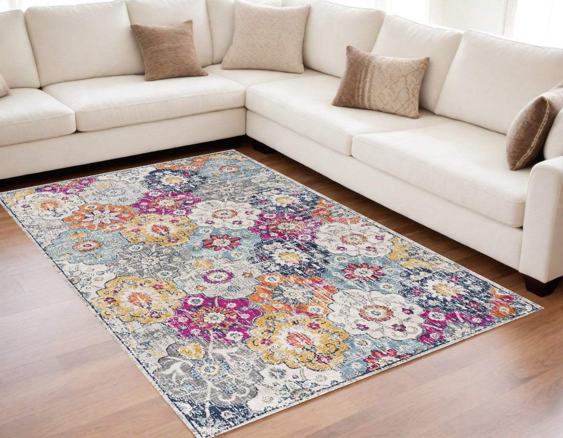 5' X 7' Blue and Ivory Floral Area Rug - Homeroots - Flyclothing LLC