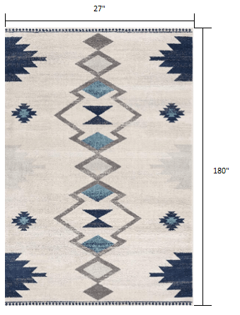 15' Runner Blue and Ivory Southwestern Runner Rug