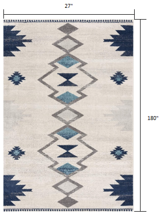 15' Runner Blue and Ivory Southwestern Runner Rug