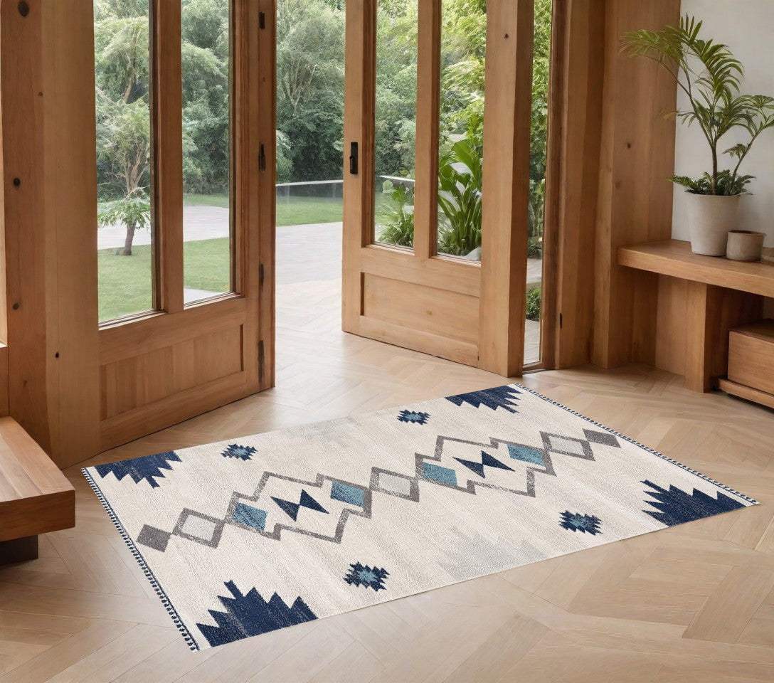 2' X 4' Blue and Ivory Southwestern Area Rug - Homeroots - Flyclothing LLC