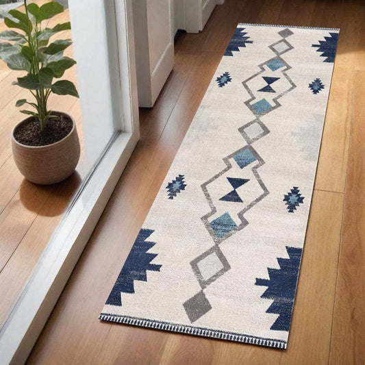 2' X 5' Blue and Ivory Southwestern Area Rug - Homeroots - Flyclothing LLC