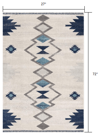 6' Runner Blue and Ivory Southwestern Area Rug