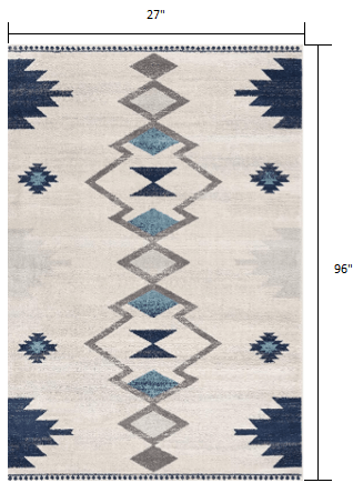 8' Runner Blue and Ivory Southwestern Runner Rug