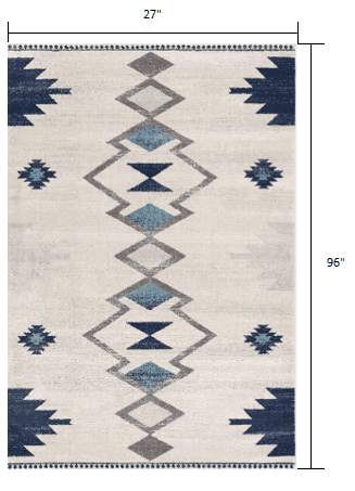 8' Runner Blue and Ivory Southwestern Runner Rug - Homeroots - Flyclothing LLC