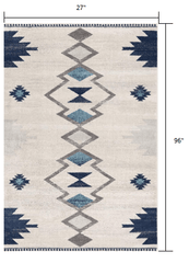 8' Runner Blue and Ivory Southwestern Runner Rug