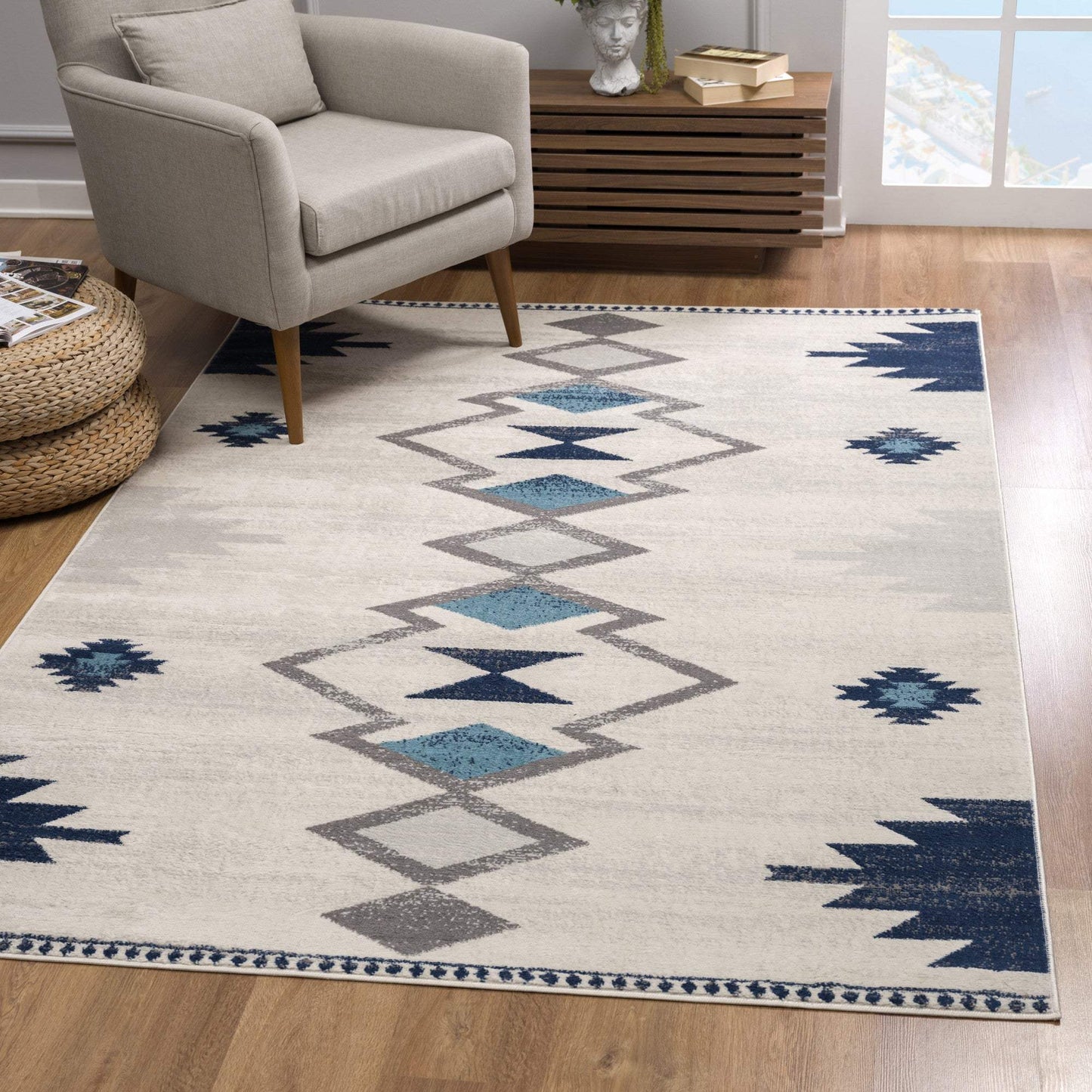 6' X 9' Blue and Ivory Southwestern Area Rug - Homeroots - Flyclothing LLC
