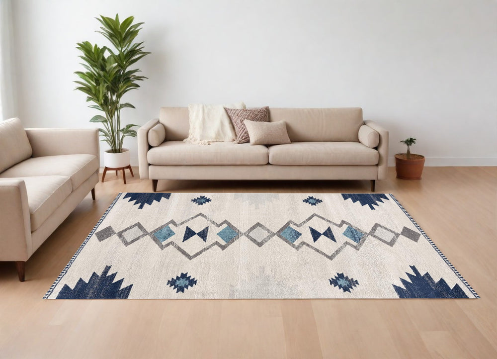9' X 13' Navy and Ivory Tribal Pattern Area Rug - Homeroots