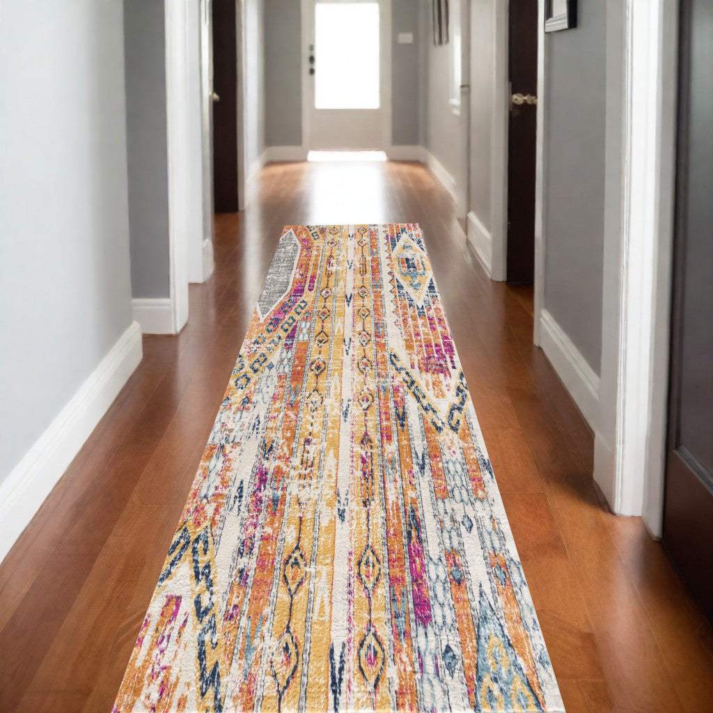 15' Runner Gold and Ivory Southwestern Runner Rug - Homeroots - Flyclothing LLC