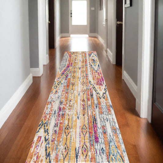 15' Runner Gold and Ivory Southwestern Runner Rug