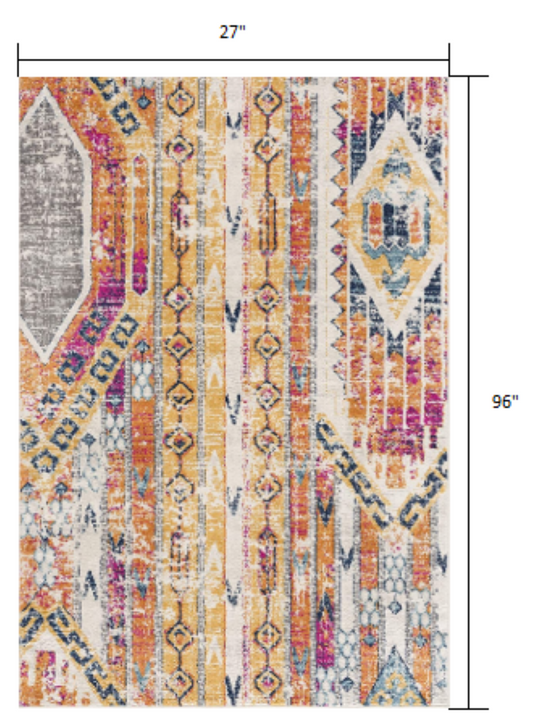 8' Runner Gold and Ivory Southwestern Runner Rug