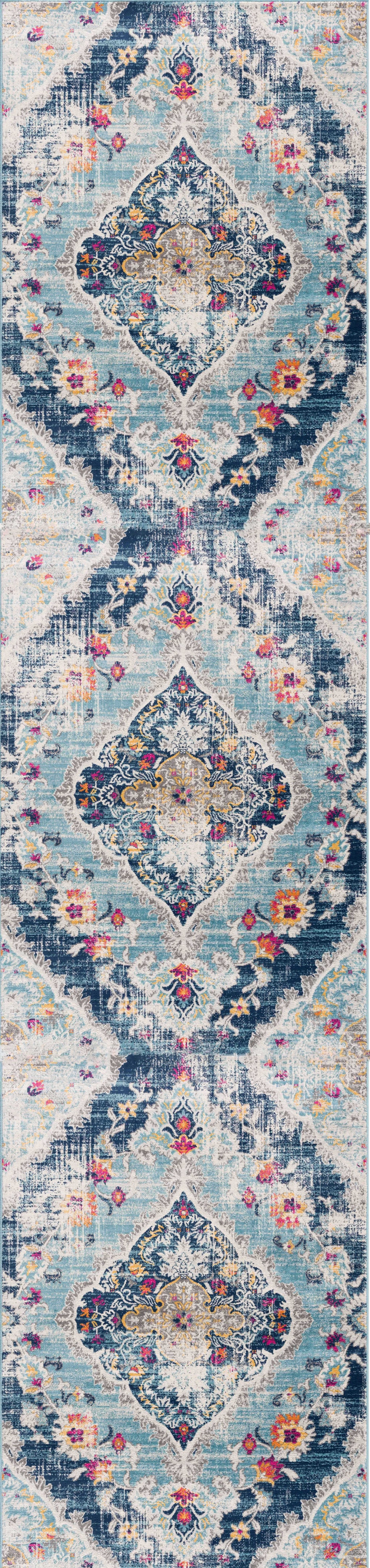 13' Runner Blue and Ivory Medallion Runner Rug