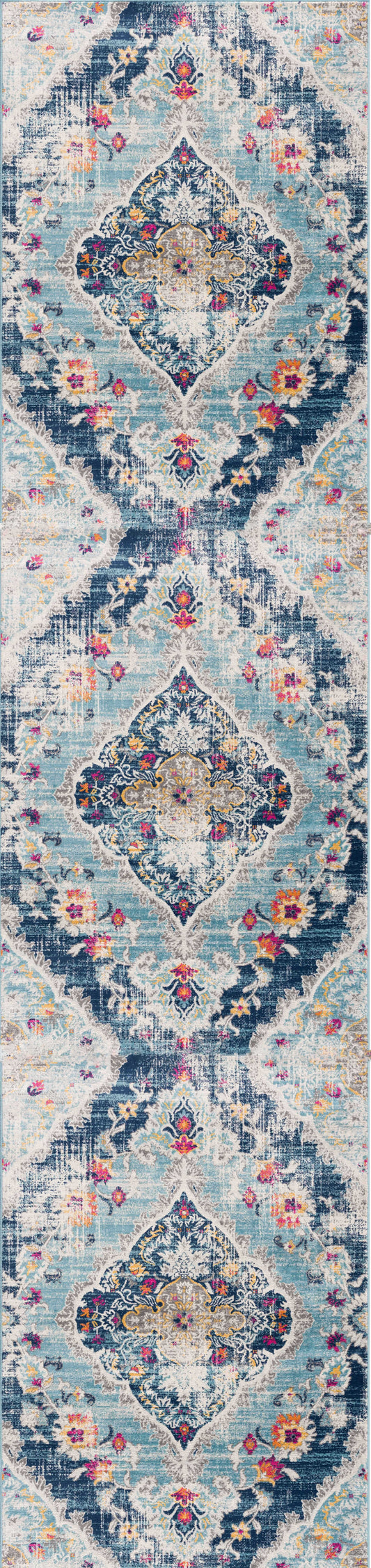 15' Runner Blue and Ivory Medallion Runner Rug
