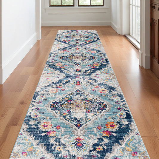 15' Runner Blue and Ivory Medallion Runner Rug