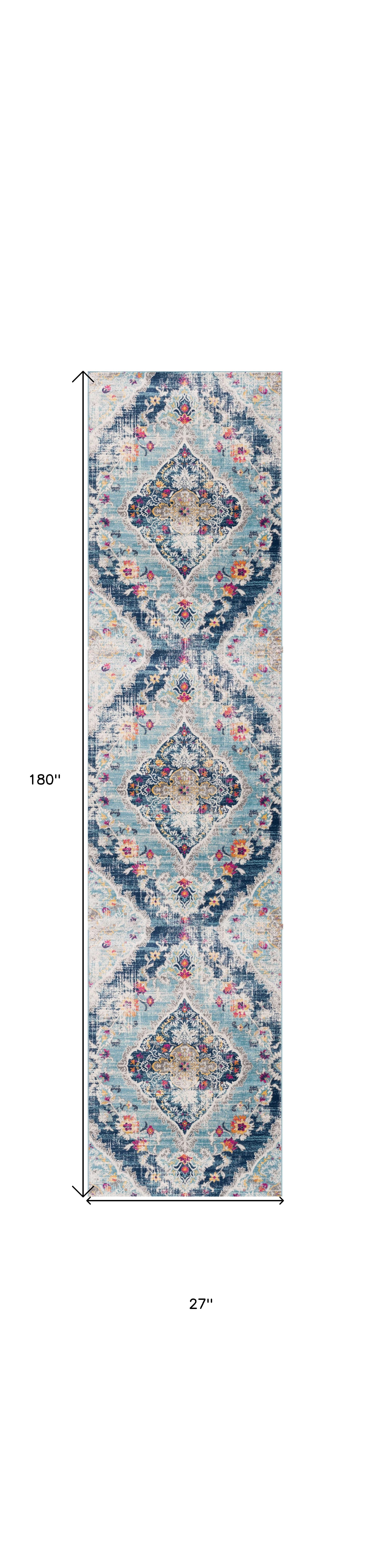 15' Runner Blue and Ivory Medallion Runner Rug