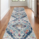 20' Runner Blue and Ivory Medallion Runner Rug - Homeroots
