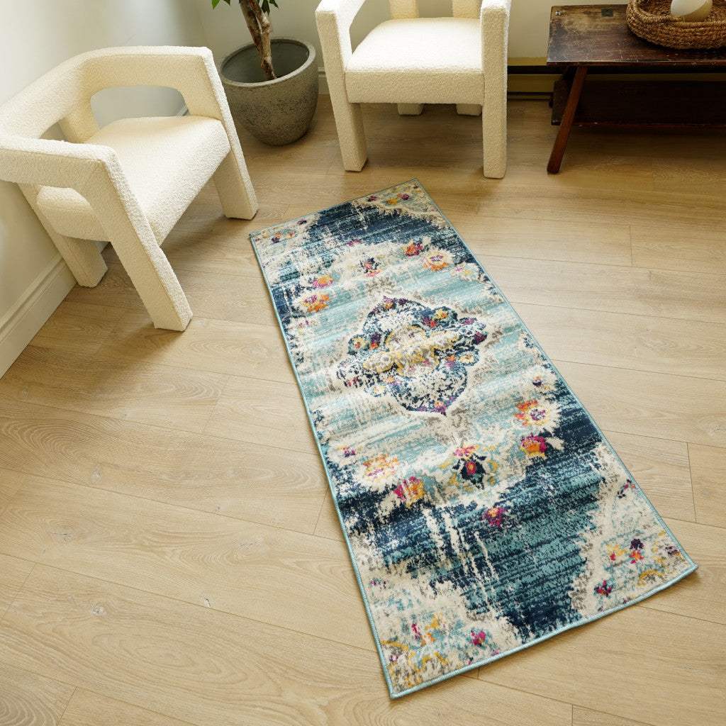 2' X 5' Blue and Ivory Medallion Area Rug - Homeroots - Flyclothing LLC
