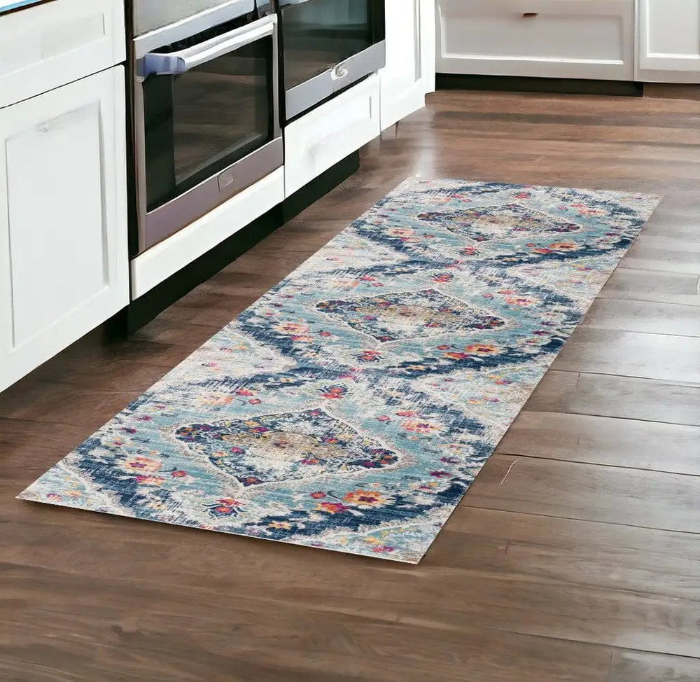 8' Runner Blue and Ivory Medallion Runner Rug - Homeroots