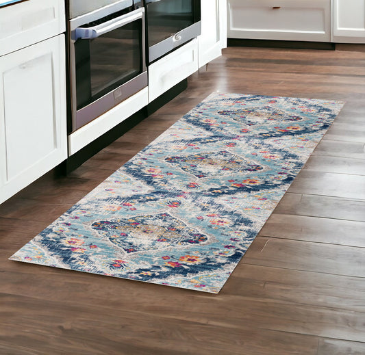 8' Runner Blue and Ivory Medallion Runner Rug