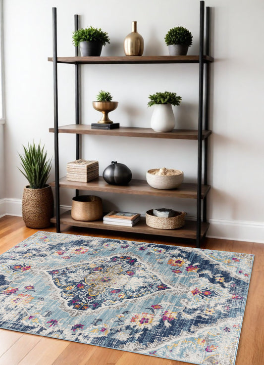 4' X 6' Blue and Ivory Medallion Area Rug