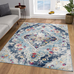 5' X 7' Blue and Ivory Medallion Area Rug