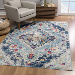 5' X 7' Blue and Ivory Medallion Area Rug