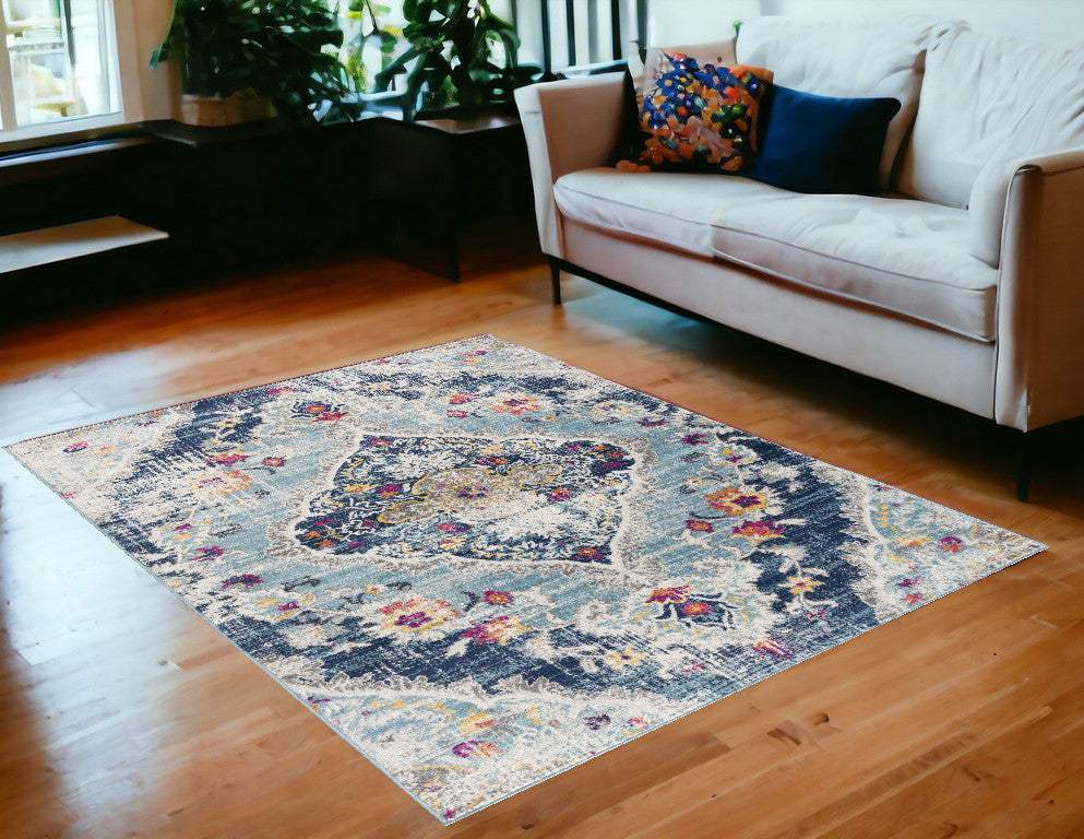 5' X 7' Blue and Ivory Medallion Area Rug - Homeroots - Flyclothing LLC
