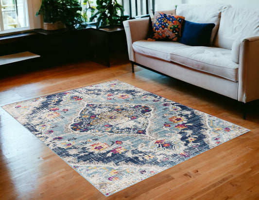 5' X 7' Blue and Ivory Medallion Area Rug