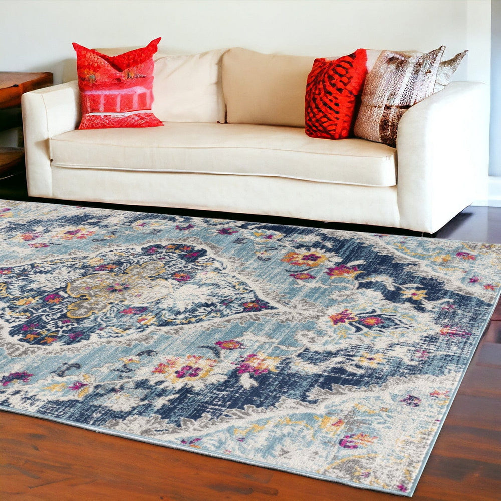 9' X 13' Blue Distressed Medallion Area Rug - Homeroots