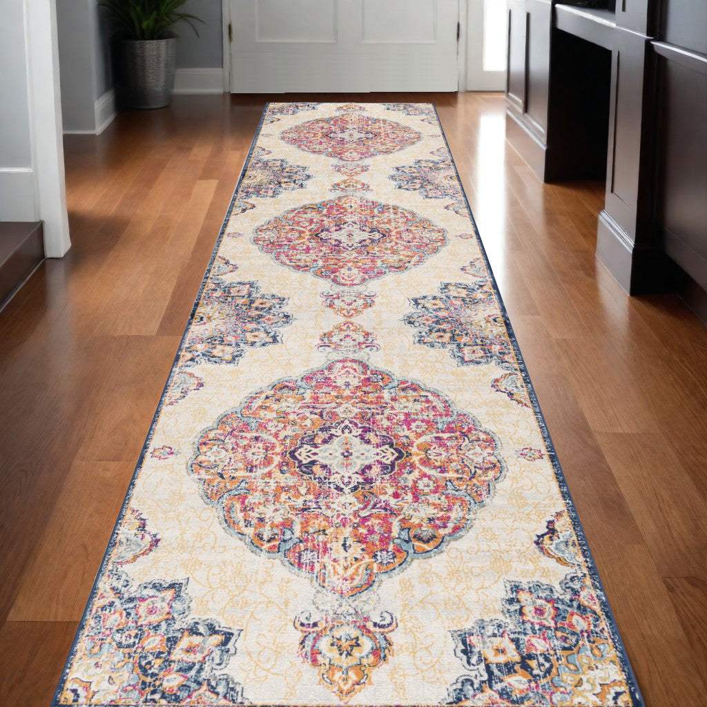 10' Runner Blue and Beige Medallion Runner Rug - Homeroots - Flyclothing LLC