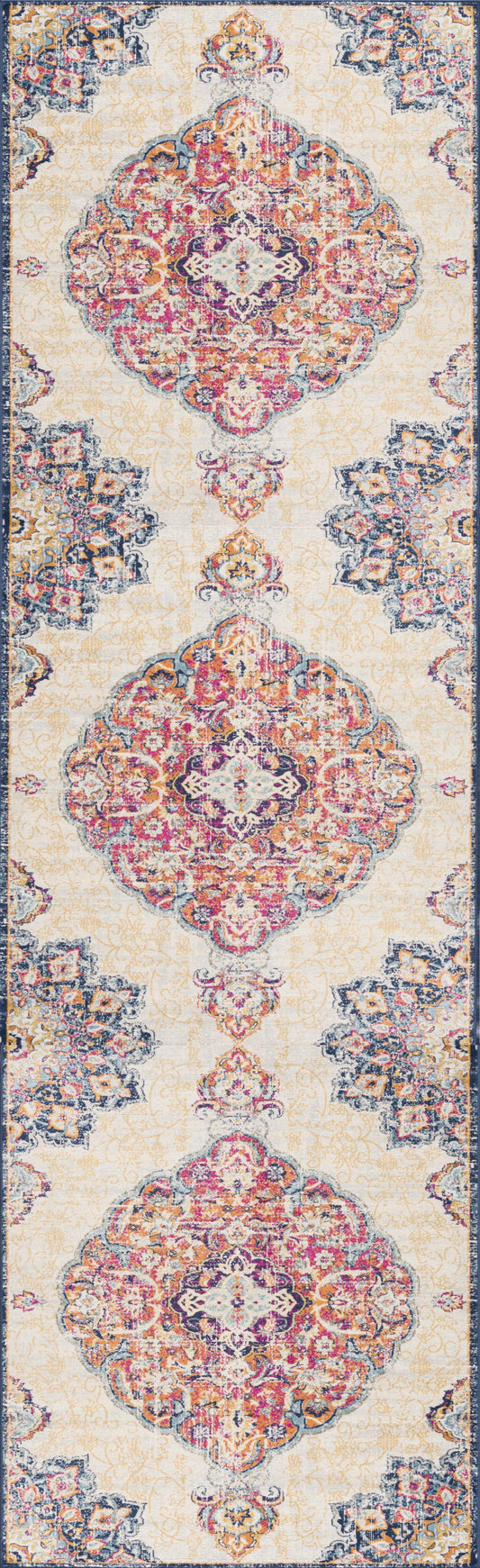 10' Runner Blue and Beige Medallion Runner Rug