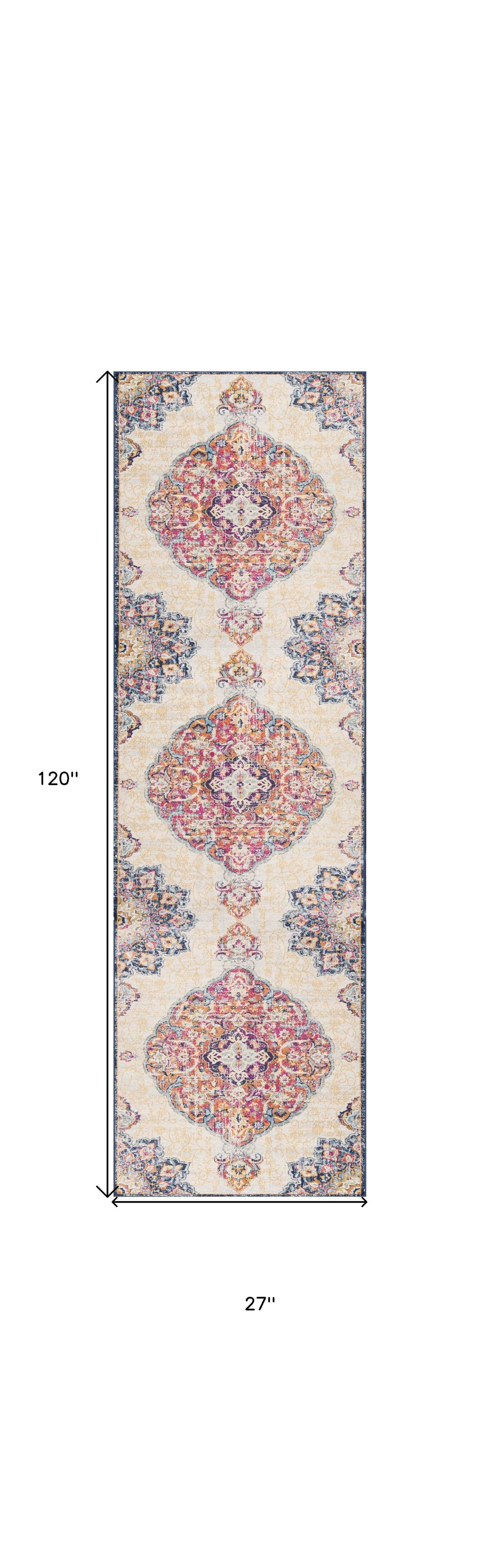 10' Runner Blue and Beige Medallion Runner Rug - Homeroots - Flyclothing LLC